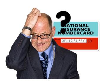 A man scratching his head with a question mark, in front of a national insurance numbercard