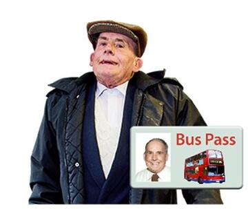 An older man in a flat cap with a bus pass