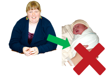 An arrow pointing from a woman to a baby and a red cross beside them.