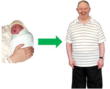 A baby with an arrow pointing to an older man.