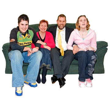 4 people sitting on a sofa.