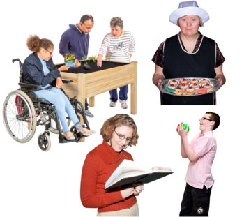 Photographs of people gardening, cooking, reading and juggling