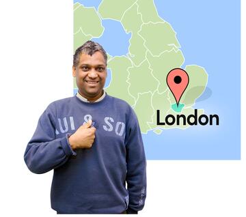 A man pointing to himself beside a map of the UK with London highlighted. 