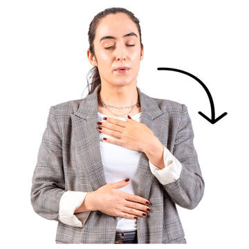 A lady standing with her eyes closed and one hand on her chest with an arrow pointing away from her mouth to show she is breathing out.
