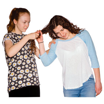 A girl pulling another girl's hair.