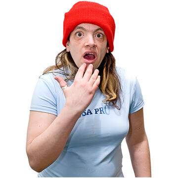A woman looking surprised with her hand up to her open mouth.