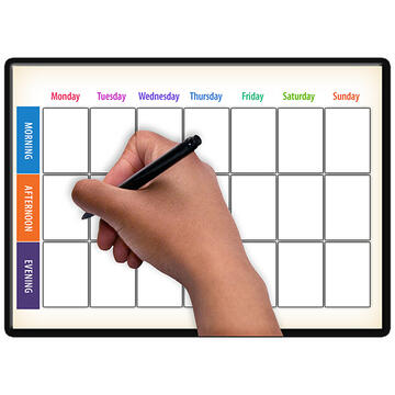 A hand holding a pen and writing on a timetable.