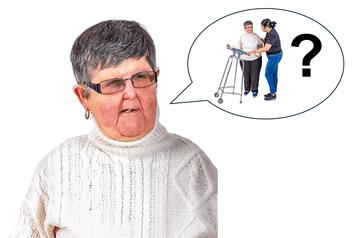 A lady with a speech bubble.  In the speech bubble is the lady with a walking frame, another lady and a question mark.