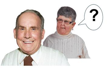 A lady with a speech bubble and a question mark looking at a man.