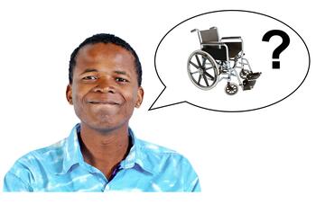 A man with a speech bubble.  In the speech bubble is a wheelchair and a question mark.