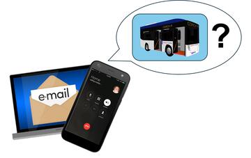 A laptop with email on it and a mobile phone with a speech bubble.  In the speech bubble is a card with a coach on it and a question mark.