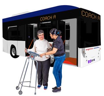 A lady with a walking frame and another lady talking to her.  Behind them is a coach.