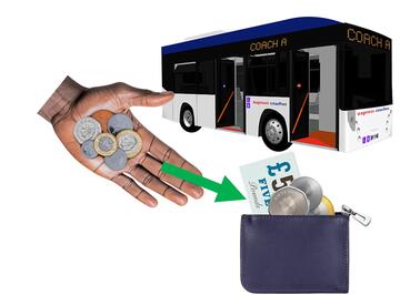 A coach with a picture of some coins in a hand and a green arrow pointing to a purse with some money in it.