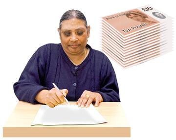 A lady writing with a pile of money behind her.
