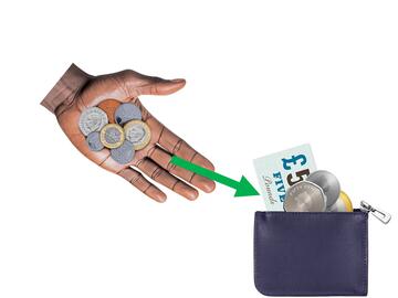 A hand with some coins in it and an arrow pointing towards a purse with money in it.