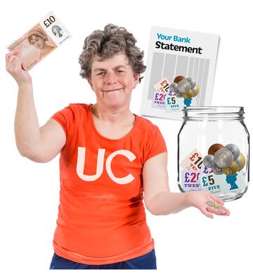 A lady holding some money with a bank statement and a jar of money behind her.