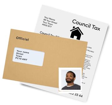 A Council Tax letter, a letter in a brown envelope and a passport photo.