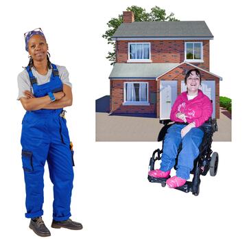 A lady in overalls standing by a house which has a lady in a wheelchair outside.