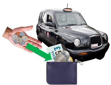 A hand with some coins and an arrow pointing towards a purse with money.  Behind this is a taxi.