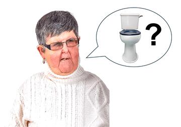 A lady with a speech bubble.  In the bubble is a toilet and a question mark.