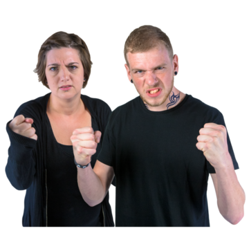 A woman and a man holding their fists up with angry looks on their faces