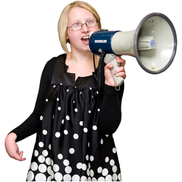 A woman with blonde hair and glasses holding a megaphone