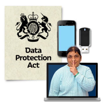 The front cover of the Data Protection Act, a mobile phone and a woman with a finger to her lips