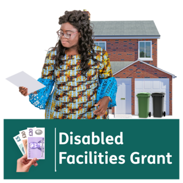 A woman holding some money outside her home