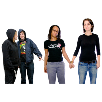 Two men pointing at two women holding hands
