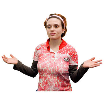 A woman shrugging her shoulders with her hands out.