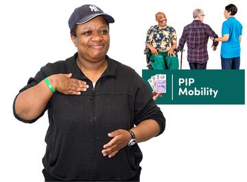 A woman pointing to herself with a picture of the PIP mobility benefit behind her.