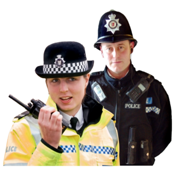 A female police officer using a radio with a male police officer standing behind her