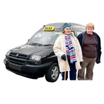 Two women standing next to a lack taxi