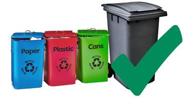 A row of recycling bins and a wheelie bin with a green tick.