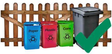 A row of recycling bins and a wheelie bin by a fence with a green tick.