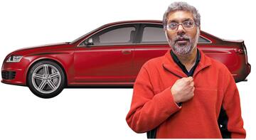 A man pointing to himself by a car.