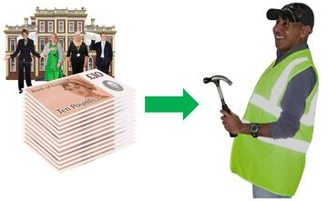 A group of people in front of a building with a pile of money and a green arrow pointing to a man with a hammer.