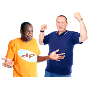 Two men standing next to each other. One is shrugging and the other is angry and waving his arms