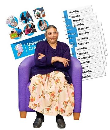 A woman in a chair with her arms folded waiting. Next to her are 5 weeks from a calendar and a Universal Credit leaflet