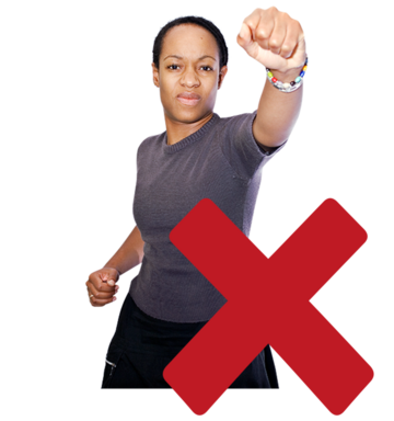 A woman holding up her fist with a red cross next to her