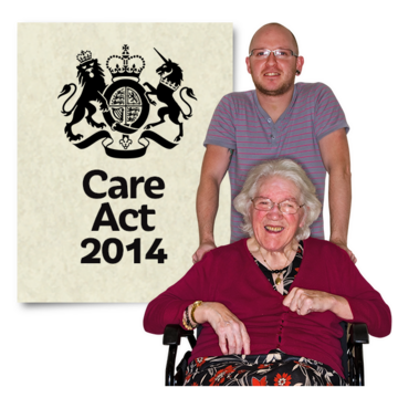 A woman in a wheelchair being pushed by a support worker. Next to them is the front cover of a leaflet called 'Care Act 2014'