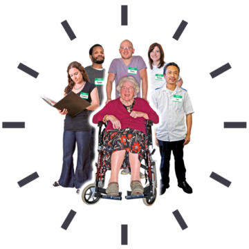 A group of care workers surrounding a woman in a wheelchair