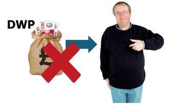 A red cross beside a bag of money with the letters DWP beside it and an arrow pointing to a man.