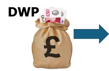 A bag of money with the letters DWP beside it and an arrow pointing away from the bag.