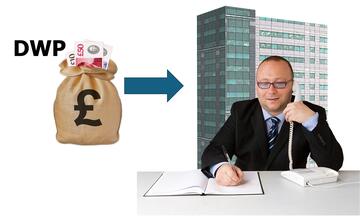 A bag of money with the letters DWP beside it and an arrow pointing to a high rise building and a man on the phone at a desk.