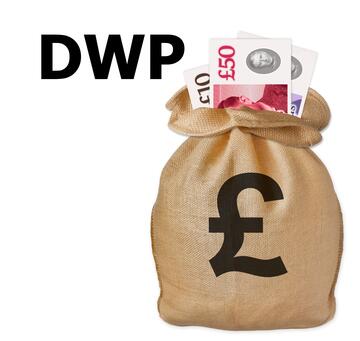 A bag of money with the letters DWP beside it.