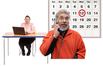 A man on the phone and a woman at a laptop with a calendar behind them with a date circled in red
