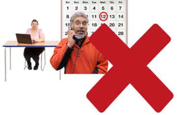 A red cross is next to a picture of a man on the phone and a woman at a computer in front of a calendar with a date circled in red.