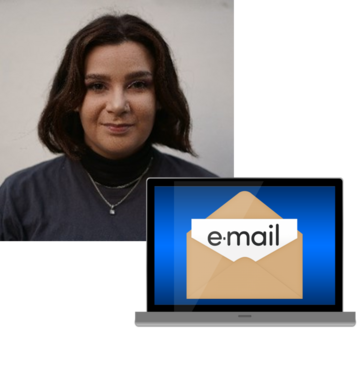 A drawing of a laptop showing an email alongside a picture of Mary Peachey 