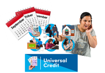A woman on the phone, a calendar showing 3 months, and the front cover of a Universal Credit leaflet